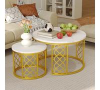 OKMYHOME Table Basse Gigogne Ronde 2 Pièces - Plateau Effet Marbre, Piètement Métal Or avec Motif Cœur Ajouré - Tables Empilables pour Salon - Blanc et Or