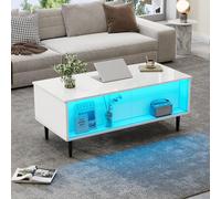 OKMYHOME Table Basse Relevable avec LED et Rangement Caché - Plateau Élévateur, Vitrine en Verre Trempé, 105 × 50 × 43 cm, Blanc