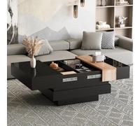 OKMYHOME Table Basse Table Basse Carrée Extensible avec Rangement Caché - MDF Bicolore, 70x70x39 cm, Noir