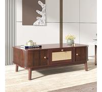 OKMYHOME Tables Basses - Table Basse en Rotin avec 2 Tiroirs et Portes Coulissantes, Pieds Bois Massif, 110×55×38,5 cm - Marron