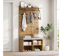 OKMYHOME Vestiaire d’entrée - Meuble d’entrée avec Banc à Chaussures et Étagère Ajustable, Barre de Vêtements, Panneau de Particules, Effet Bois, 84 x 35 x 175 cm, Chêne