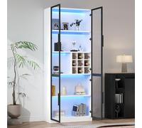 OKMYHOME Vitrine - Armoire Vitrée Moderne avec Portes Vitrées et LED Télécommandé, Meuble Vitrine Pratique - 80×35×200 cm - Blanc