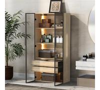 OKMYHOME Vitrine de Salle de Bain avec Éclairage LED, 2 Portes Vitrées et 2 Tiroirs, Meuble de Rangement en MDF, 74 × 36 × 155 cm - Naturel