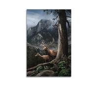 OKNGB Poster décoratif sur toile représentant un chevreuil, un wapiti, une forêt rocheuse, une forêt et une image d'art moderne pour chambre à coucher (30 x 45 cm)