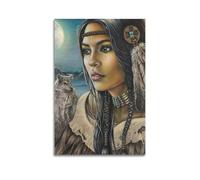 OKNGB Poster vintage sur toile représentant une fille indienne de l'Amérique du Nord, loup, esprit de loup, décoration murale moderne pour chambre à coucher (60 x 90 cm)
