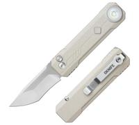 OKNIFE LK Couteau pliant de poche 2-en-1 avec lampe torche | Verrou à bouton, lame M390 de 6,3 cm et lampe torche 400 LM blanche & RGB, pour EDC, camping et randonnée (Blanc Désert MAO)