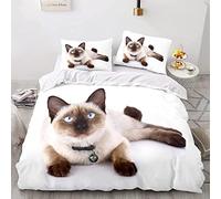 okoikfc Housse de Couette 140x200, Chat Siamois 3D Parure de Lit 1 Personne Imprimée 110gsm Microfibre Hiver, 1 Taies d'oreiller 65x65 cm avec Fermeture éclair