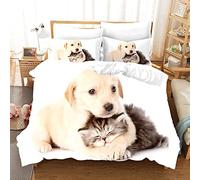 okoikfc Housse de Couette 140x200, Chaton et Chiot Animaux 3D Parure de Lit 1 Personne Imprimée 110gsm Microfibre Hiver, 1 Taies d'oreiller 65x65 cm avec Fermeture éclair