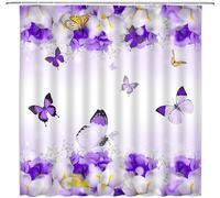 okoikfc Rideau Douche Anti Moisissure 3D Papillon, Rideau de Douche 90x180 cm Papillon Fleurs Violettes, Rideaux Baignoire Imperméable Lavable Polyester Rideaux Salle de Bain avec 8 Crochets b2802