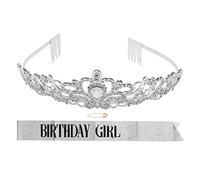 OKOVO Wedding Crown Set Decorative Shiny ABS Alloy Beautiful Silver Princess Birthday Tiara with Shoulder Strap for Party