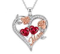 OKROKTOT Collier pour la fête des mères avec pendentif en forme de rose avec grenat de janvier, pierre de naissance en forme de cœur de rose, double pierre de naissance, cadeau d'anniversaire pour