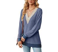 OKSakady Automne Hiver Femmes Dentelle Profonde col en V Collage Couleur lâche T-Shirt à Manches Longues Side Split Jersey Fashion Loose Top