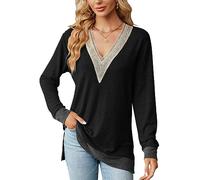 OKSakady Automne Hiver Femmes Dentelle Profonde col en V Collage Couleur lâche T-Shirt à Manches Longues Side Split Jersey Fashion Loose Top