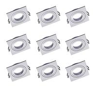 Oktaplex Lyon Lot de 9 spots encastrables orientables à 30° 90 x 90 mm Très plat 80 mm Dimensions d'encastrement Aluminium brossé Spot carré Compatible GU10 Cadre de plafond Argenté