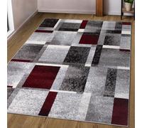 oKu-Tex Tapis de salon [200 x 290 cm] doux à poils courts gris rouge à carreaux - Tapis gris pour le salon - Design patchwork géométrique - Marque allemande