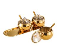 OKUMEYR Ensemble 4 Pièces Bocaux à Condiments en Acier Inoxydable Doré avec Couvercle Hermétique Cuillère Doseuse et Plateau Boîtes à Épices Cuisine Sel Sucre et Assaisonnements