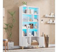 OKWISH Bibliothèque avec 4 Étagères et 2 Portes - Télécommande LED - Bois de Pin MDF - 80x30x173 cm - Blanc
