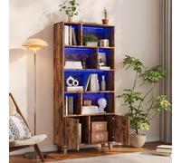 OKWISH Bibliothèque avec 4 Étagères et 2 Portes - Télécommande LED - Bois de Pin MDF - 80x30x173 cm - Brun