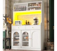 OKWISH Buffet Haut avec Vitrine, Éclairage LED, Étagères Réglables et 2 Tiroirs, MDF/PB, 120x40x180 cm - Beige