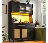 OKWISH Buffet Haut avec Vitrine, Étagères Ajustables et 3 Tiroirs, Meuble de Rangement avec Éclairage LED, MDF/PB, 120x45x195,5 cm - Noir