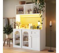 OKWISH Buffet Haut avec Vitrine, Étagères Ajustables et Éclairage LED, Meuble de Rangement Salon Cuisine, MDF/PB, 120x35x167 cm - Beige
