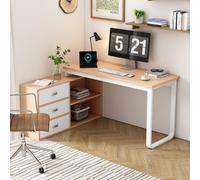 OKWISH Bureau d'Angle, Forme en L, Plateau 135x50 cm - 147x100x75,3 cm - Métal et MDF - Nature
