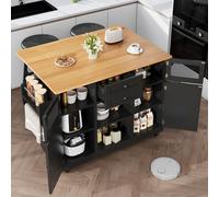 OKWISH Îlot de Cuisine, Desserte avec Séparateurs Ajustables et Porte-Torchons, Meuble de Cuisine Pratique, 140 x 70 x 93,5 cm - Noir