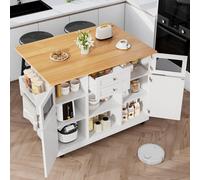 OKWISH Îlot de Cuisine, Desserte avec Séparateurs Ajustables et Porte-Torchons, Meuble de Cuisine Pratique, 140 x 70 x 93,5 cm - Blanc