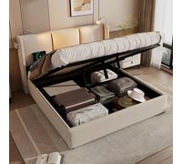 OKWISH Lit coffre 140 x 200 cm – Lin beige avec lampe de lecture USB – Sans matelas – Beige