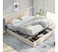 OKWISH Lit coffre 140x190 - Lit Double Capitonné avec Tête de Lit Réglable - Velours - Sans Matelas - Beige