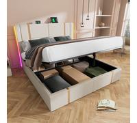 OKWISH Lit coffre 160x200 - Lit double capitonné avec LED et USB Type C - Textile en lin - Sans Matelas - Beige
