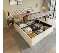 OKWISH Lit Coffre 180x200 cm - 2 Tables de Chevet et Lampe de Lecture - Beige