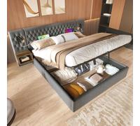 OKWISH Lit Coffre 180x200 cm - 2 Tables de Chevet et Lampe de Lecture - Gris