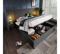 OKWISH Lit coffre 180x200 cm - Lit double capitonné avec table de chevet et lampe de lecture - Lin - Sans Matelas - Gris