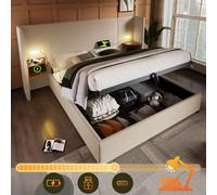 OKWISH Lit coffre 180x200 cm - Lit double capitonné avec table de chevet et lampe de lecture - Lin - Sans Matelas - Beige