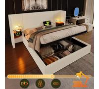 OKWISH Lit coffre 180x200 cm - Lit double capitonné avec table de chevet et lampe de lecture - Velours côtelé - Sans Matelas - Beige