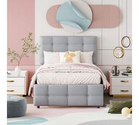 OKWISH Lit Gigogne 200x90 cm - Lit Simple Lit Enfant Avec Tête De Lit Réglable, Lin Doux Pour La Peau, Sans Matelas, Gris