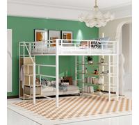 OKWISH Lit Mezzanine 140 x 200 cm - Lit Simple Avec Escalier De Sécurité Et Rangement, Petit Placard, MDF Et Métal, Sans Matelas, Blanc