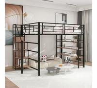 OKWISH Lit Mezzanine 140 x 200 cm - Lit Simple Avec Escalier De Sécurité Et Rangement, Petit Placard, MDF Et Métal, Sans Matelas, Noir