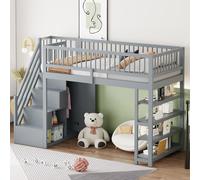 OKWISH Lit Mezzanine 90x200 cm – Avec Clôture et Penderie – Sans Matelas – Gris