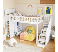 OKWISH Lit Mezzanine 90x200 cm - Lit Enfant Avec Échelle Et Rangement, Lit Combiné Bois Pin + MDF, Lit Avec Protection, Sans Matelas, Blanc