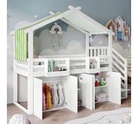 OKWISH Lit Mezzanine 90x200 cm - Lit Enfant Avec Escalier Avec 3 Casiers, Armoire Et 2 Boîtes Supérieures, Pin + MDF, Sans Matelas, Blanc Et Vert