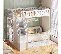 OKWISH Lit Mezzanine 90x200 cm - Lit Mezzanine Ados Avec Échelle De Rangement Et Étagères, Lit En Bois Pin + MDF, Lit Junior, Lit Enfant, Sans Matelas, Blanc