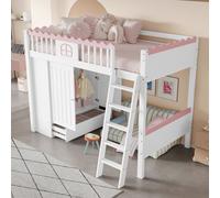 OKWISH Lit Mezzanine 90x200 cm - Lit Simple avec Éclairage LED Télécommandé, Armoire Penderie et Grand Tiroir, Sans Matelas, Pin Massif et MDF, Blanc