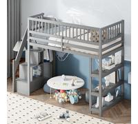 OKWISH Lit Mezzanine 90x200 Cm - Lit Simple Avec Rangement, Escalier De Sécurité, Placard Et Étagères - Pin Massif Et MDF - Sans Matelas - Gris