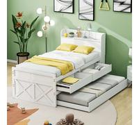 OKWISH Lit Simple 90x190 cm - Lit Junior Avec Tiroir Coulissant Et Table De Chevet Avec USB, Bois Massif, Sans Matelas, Blanc