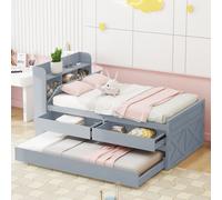 OKWISH Lit Simple 90x190 cm - Lit Junior Avec Tiroir Coulissant Et Table De Chevet Avec USB, Bois Massif, Sans Matelas, Gris