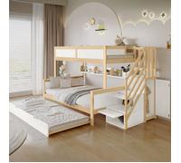 OKWISH Lit Superposé 90-120×200cm - Lit Enfant Avec Lit Gigogne, Armoire, Escalier De Rangement Et Sommier - Bois Blanc+Naturel
