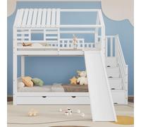OKWISH Lit Superposé 90x200 cm - Lit Cabane Enfant Avec Lit Gigogne, Toboggan Et Rangement, Bois Sapin+MDF+Contreplaqué, Sans Matelas, Blanc