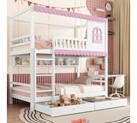 OKWISH Lit Superposé 90x200 cm - Lit Enfant Avec Protection et Échelle, Lit Cabane Avec Rangement, Bois Pin MDF - Sans Matelas - Blanc & Rose